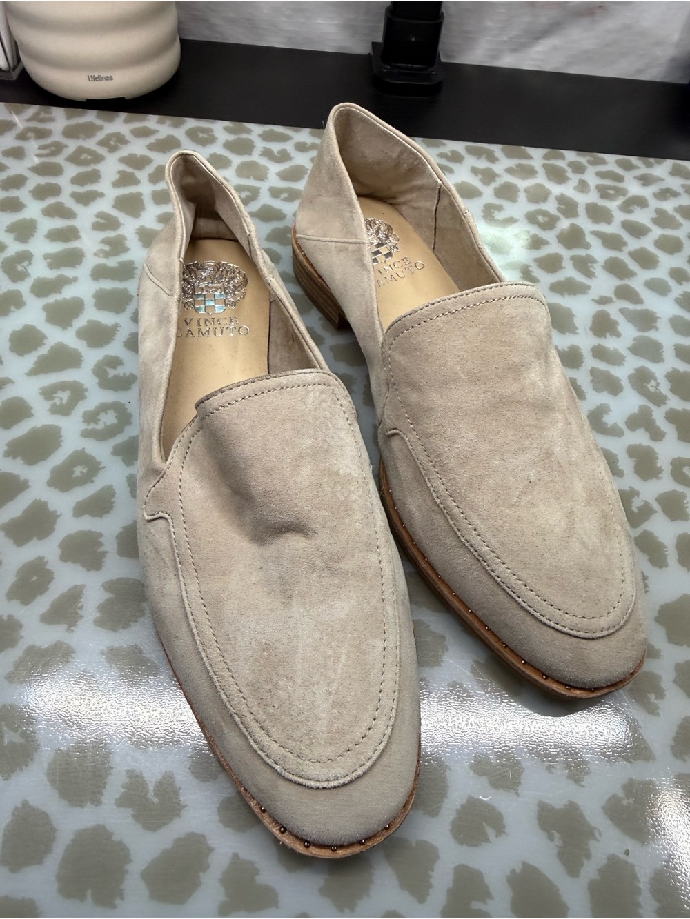 Vince Camuto beige suede loafers